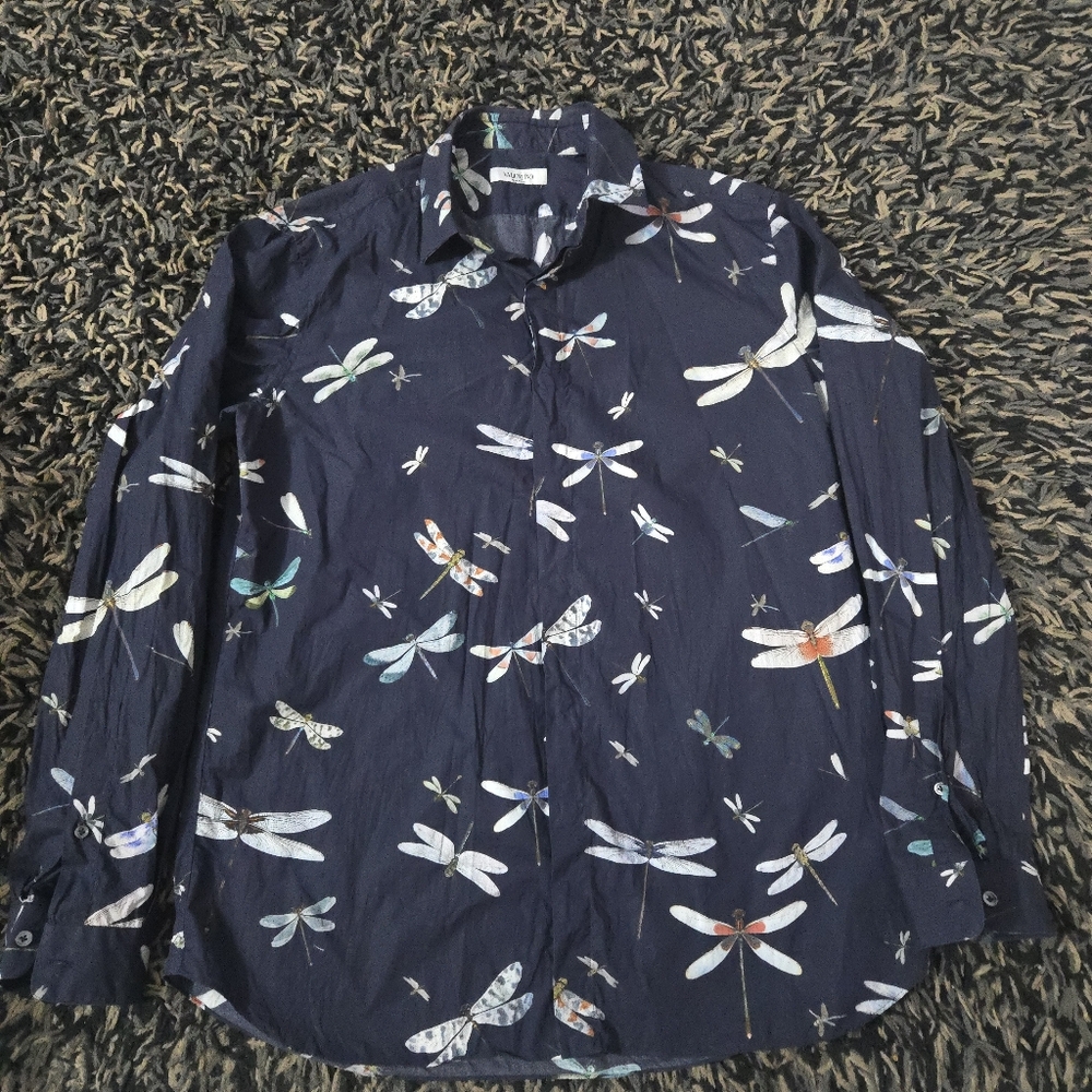 Valentino Navy Blue Multi-Color Dragonfly Print Button Down Shirt Size 40